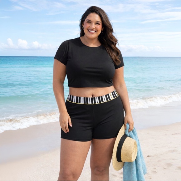 South Point Swim Shorts bottoms 22W Black White Stripe Waist Yellow Trim GUC - Picture 2 of 8